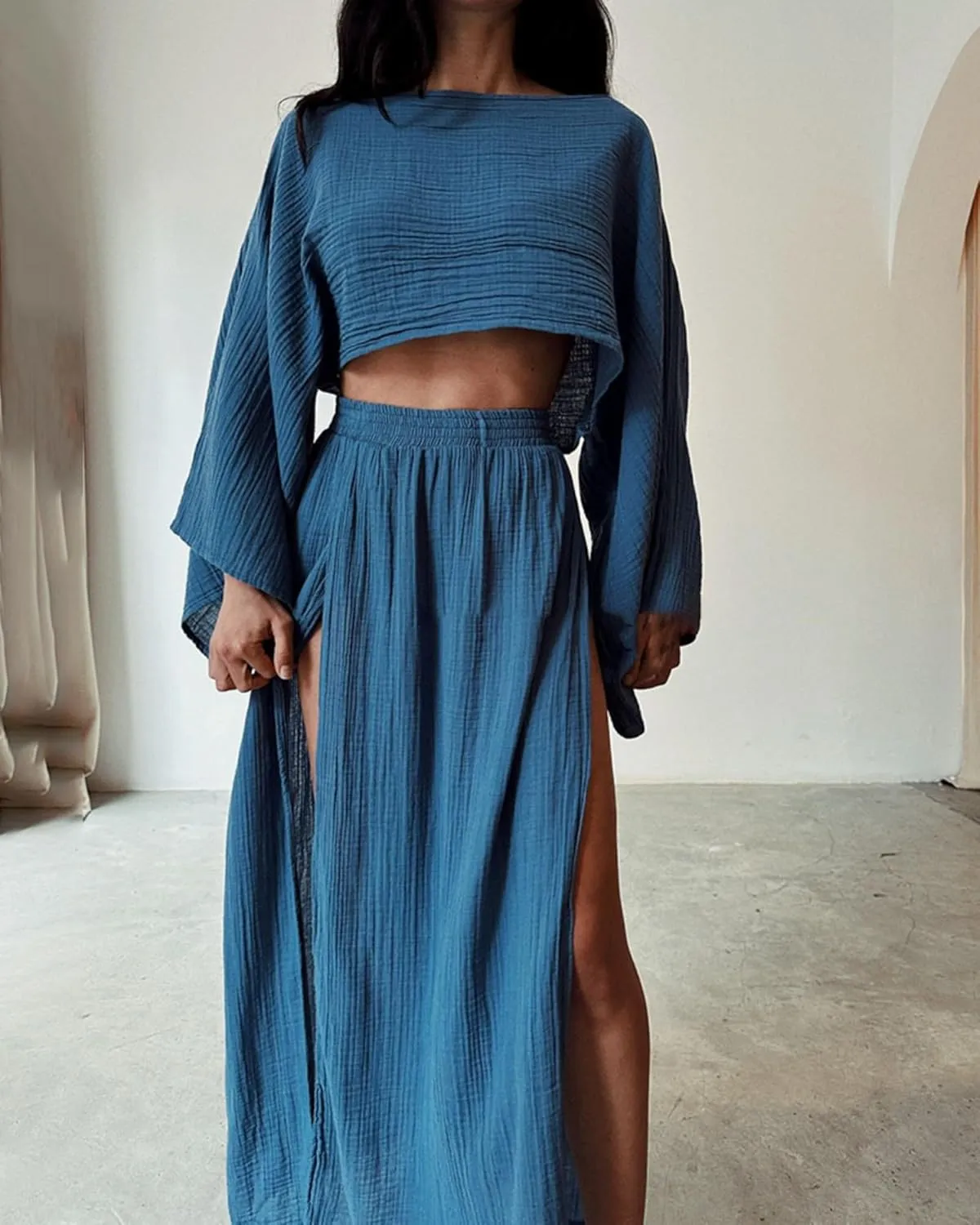 2 Piece Linen Set High Slit Skirt Boho Maxi Dress Beach Cover Ups for Women Sarong Bikini Coverup Vacation Outfits