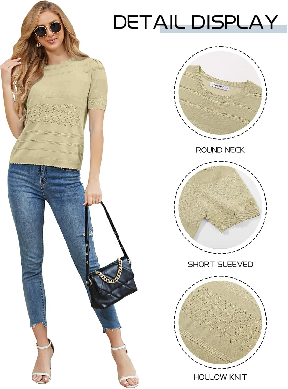 2024 Summer Women's Short Sleeve Kint Top Crew Neck Casual Ribbed Sweater Loose Textured Pullover Sweaters Tops