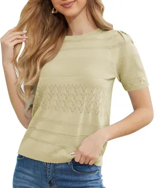 2024 Summer Women's Short Sleeve Kint Top Crew Neck Casual Ribbed Sweater Loose Textured Pullover Sweaters Tops