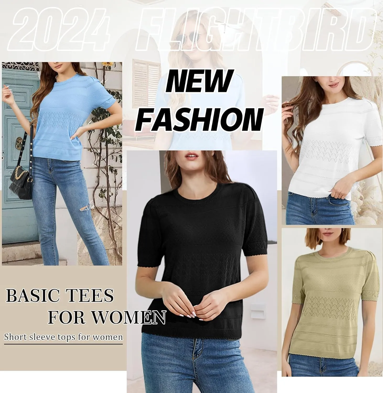 2024 Summer Women's Short Sleeve Kint Top Crew Neck Casual Ribbed Sweater Loose Textured Pullover Sweaters Tops