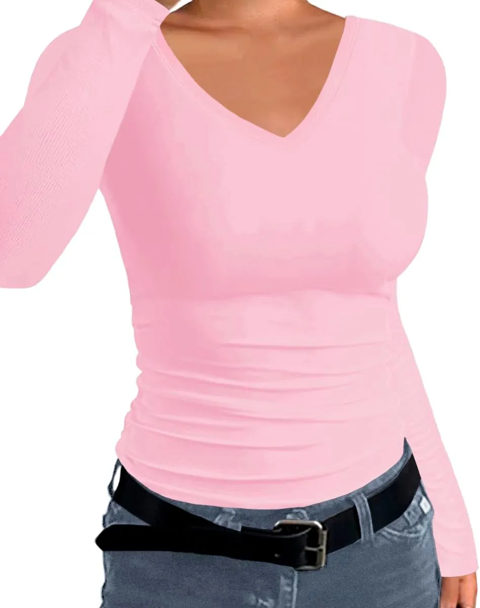 Afibi Women Ribbed Long Sleeve V Neck Slim Fit Stretchy Basic T Shirts Tops