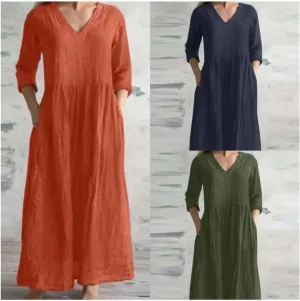 Akivide Women Cotton Linen Loose V Neck Midi Dress Summer Half Sleeve Dress with Pocket
