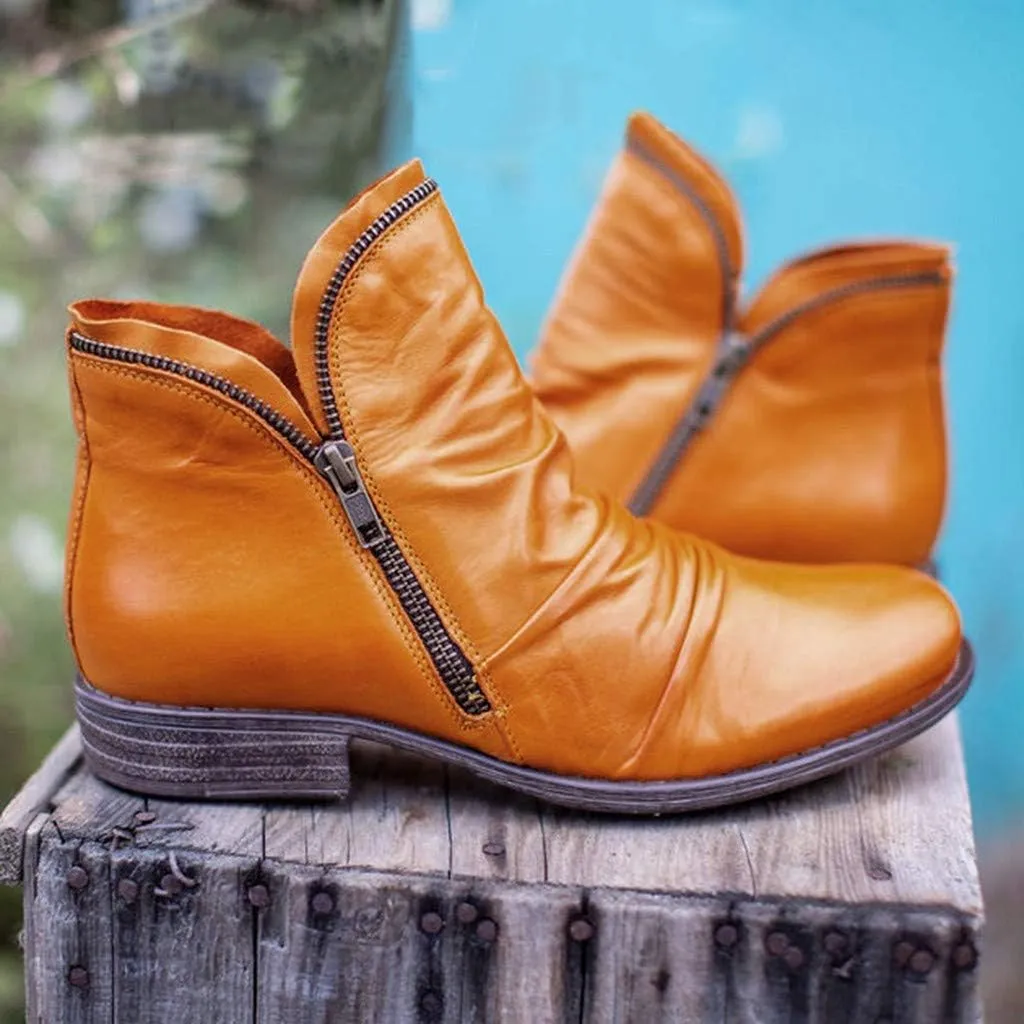 AMDBEL Ankle Boots for Women Arch Support Womens Low Heel Fashion Lace Up Zipper Booties Slip On Vintage Leather Fall Boots