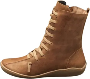 AMDBEL Wide Calf Boots for Women Leather,Short Boots Women, Womens Low Heel Fashion Lace Up Zipper Booties Casual Walking Short Bootie Slip On Vintage Leather Ladies Sneaker Winter Flat Roman Shoes 02