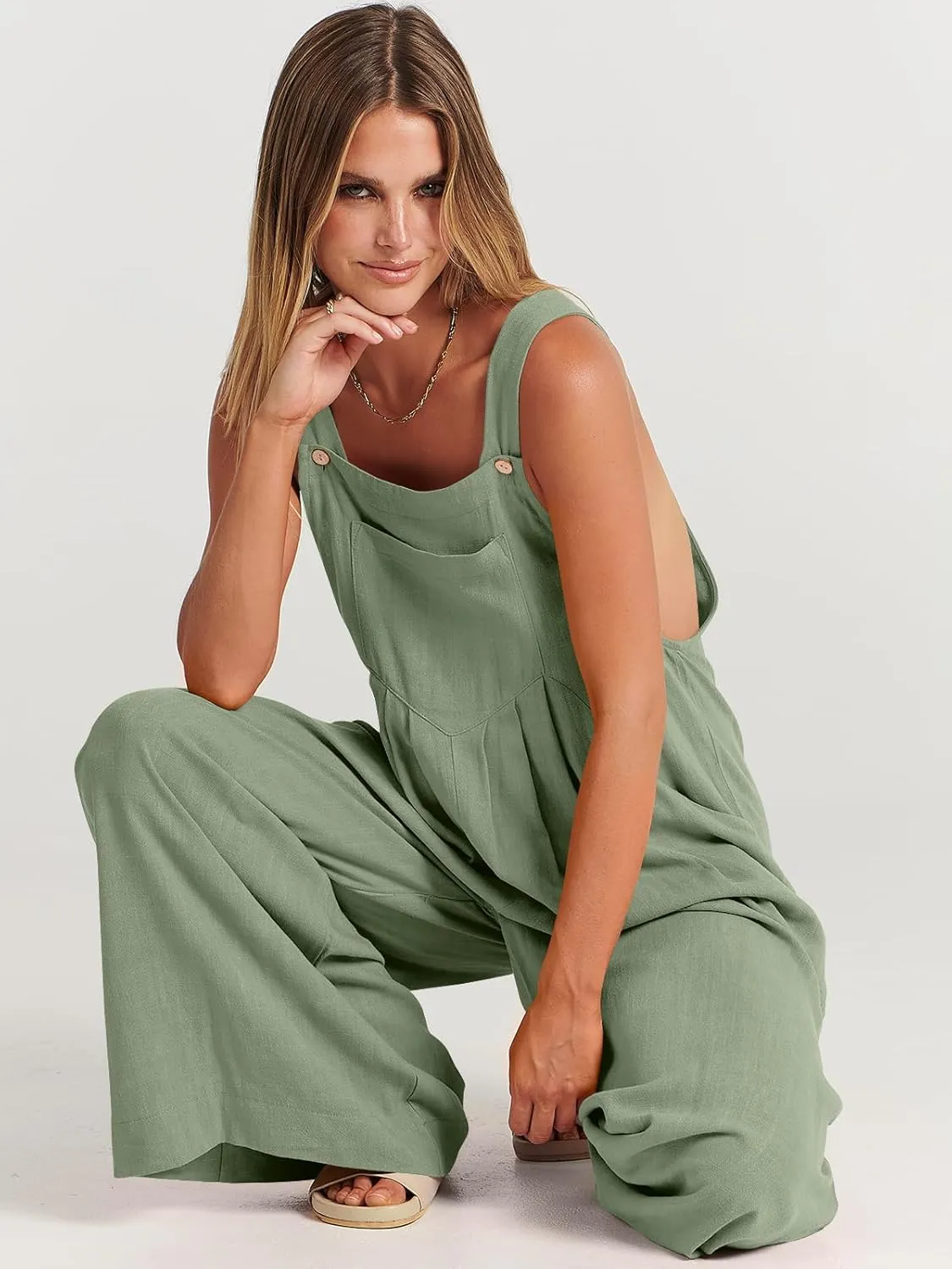 ANRABESS Womens Jumpsuits Overalls Wide Leg Casual Summer Outfits Linen Rompers Jumpers Sleeveless Straps 2025 Clothes