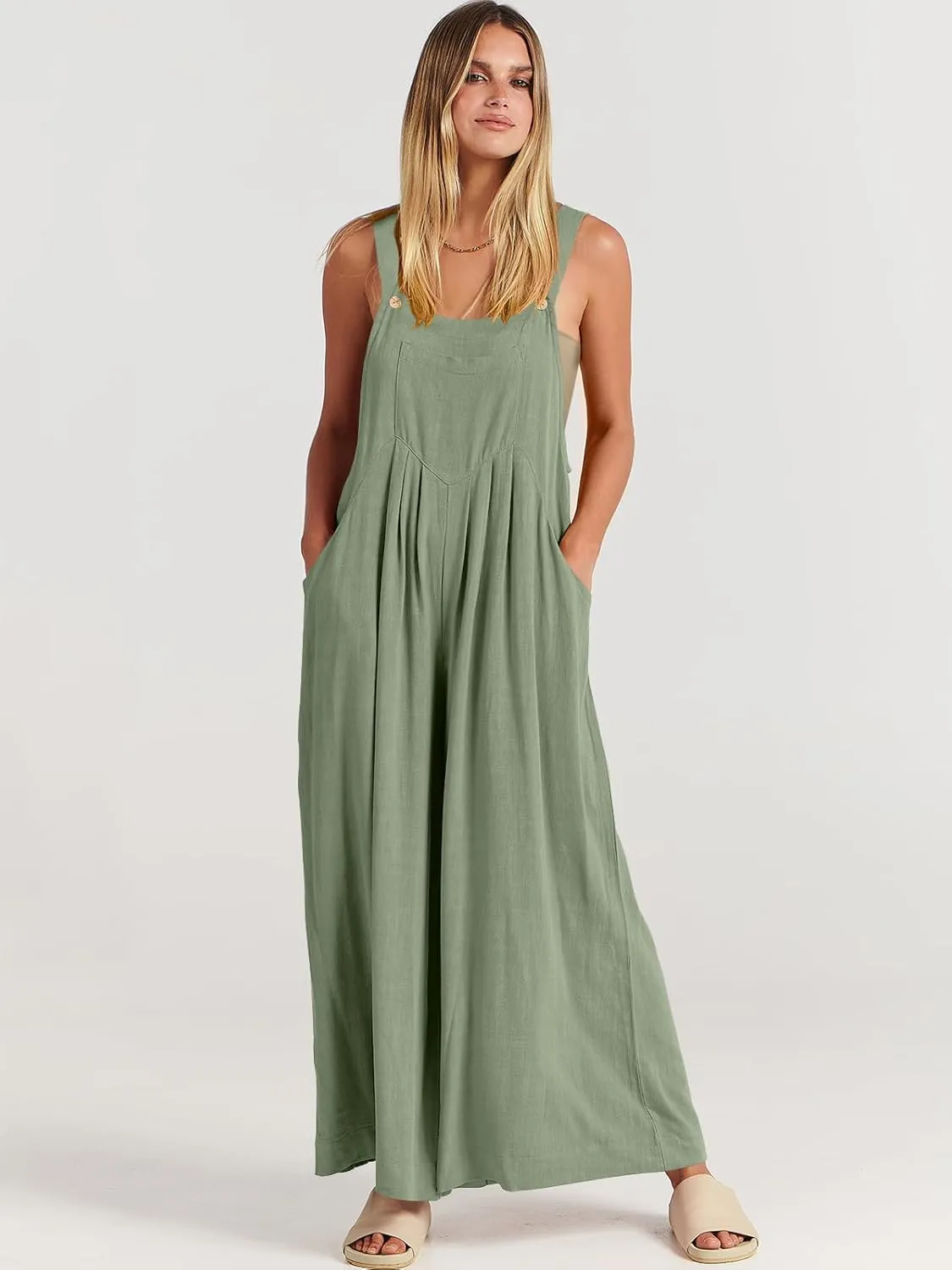 ANRABESS Womens Jumpsuits Overalls Wide Leg Casual Summer Outfits Linen Rompers Jumpers Sleeveless Straps 2025 Clothes