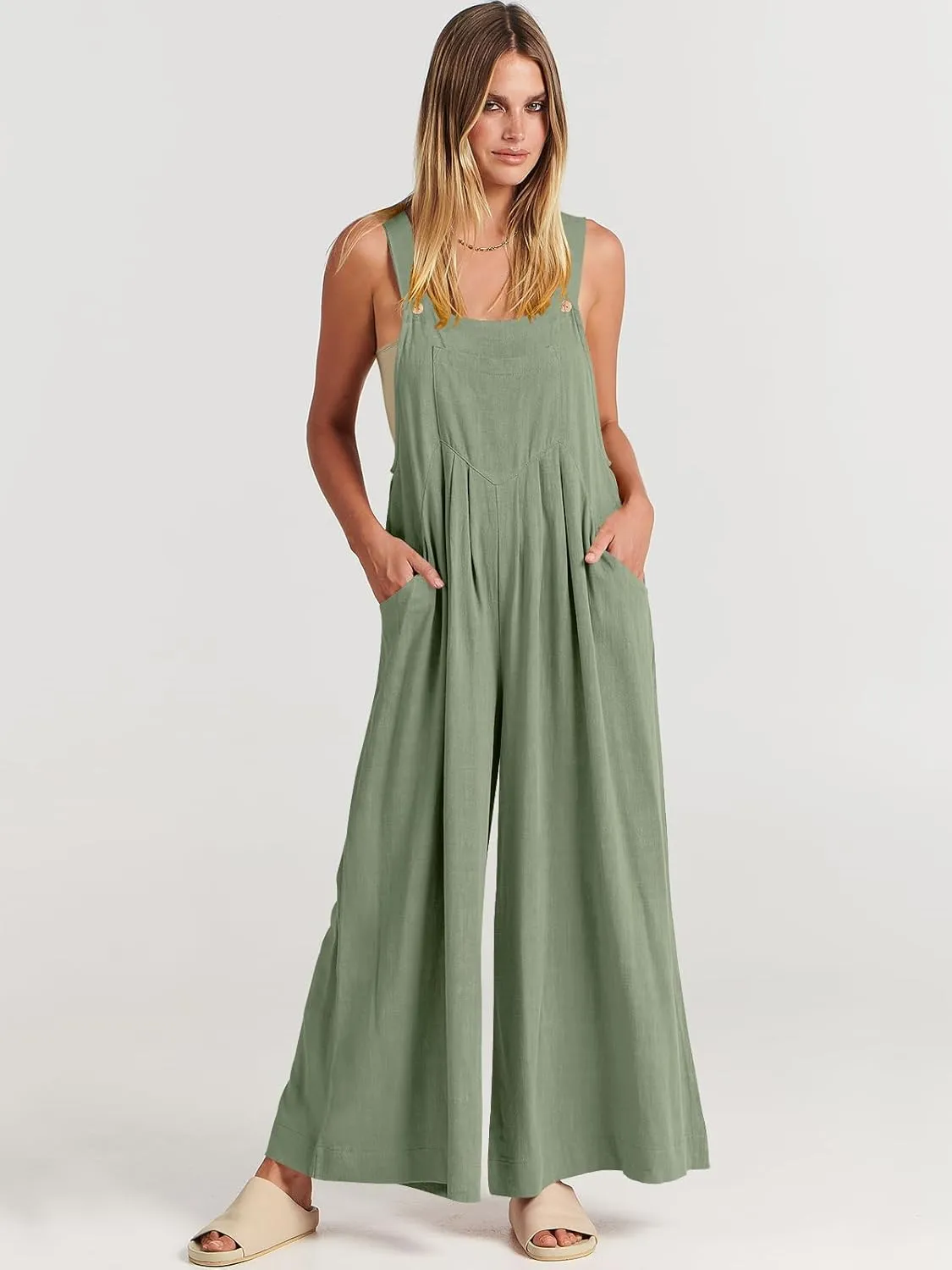 ANRABESS Womens Jumpsuits Overalls Wide Leg Casual Summer Outfits Linen Rompers Jumpers Sleeveless Straps 2025 Clothes