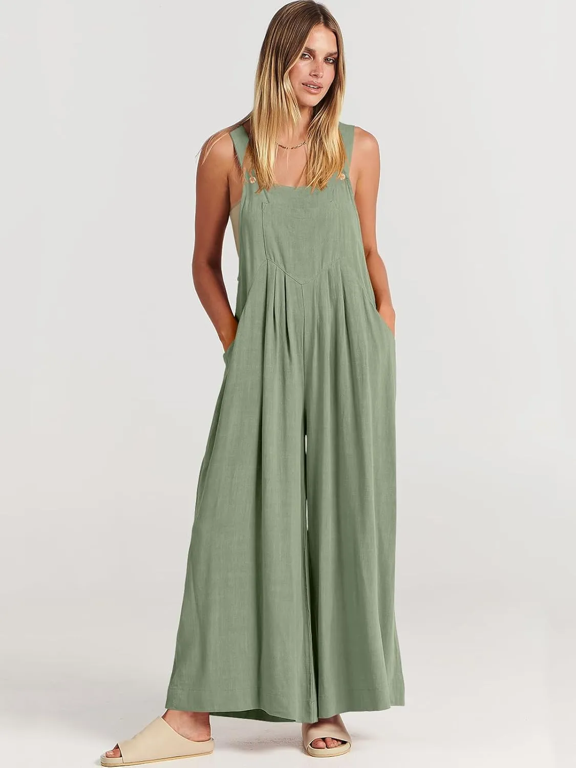 ANRABESS Womens Jumpsuits Overalls Wide Leg Casual Summer Outfits Linen Rompers Jumpers Sleeveless Straps 2025 Clothes