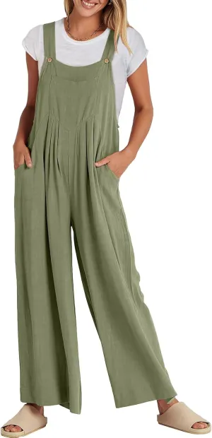 ANRABESS Womens Jumpsuits Overalls Wide Leg Casual Summer Outfits Linen Rompers Jumpers Sleeveless Straps 2025 Clothes