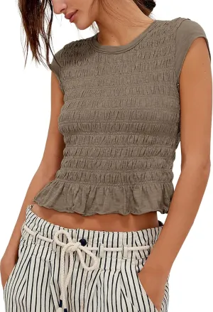 APAFES Womens Smocked Crop Tops Summer Peplum T-Shirts Cap Sleeve Crew Neck Workout Casual Tees