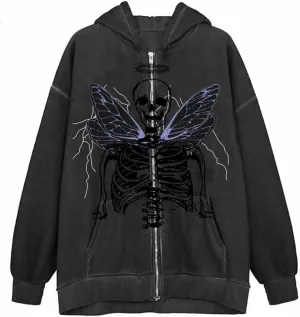 Argeousgor Women Skeleton Hoodie Zip Up Gothic Oversized Long Sleeve Sweatshirt Skull Punk Jacket Streetwear