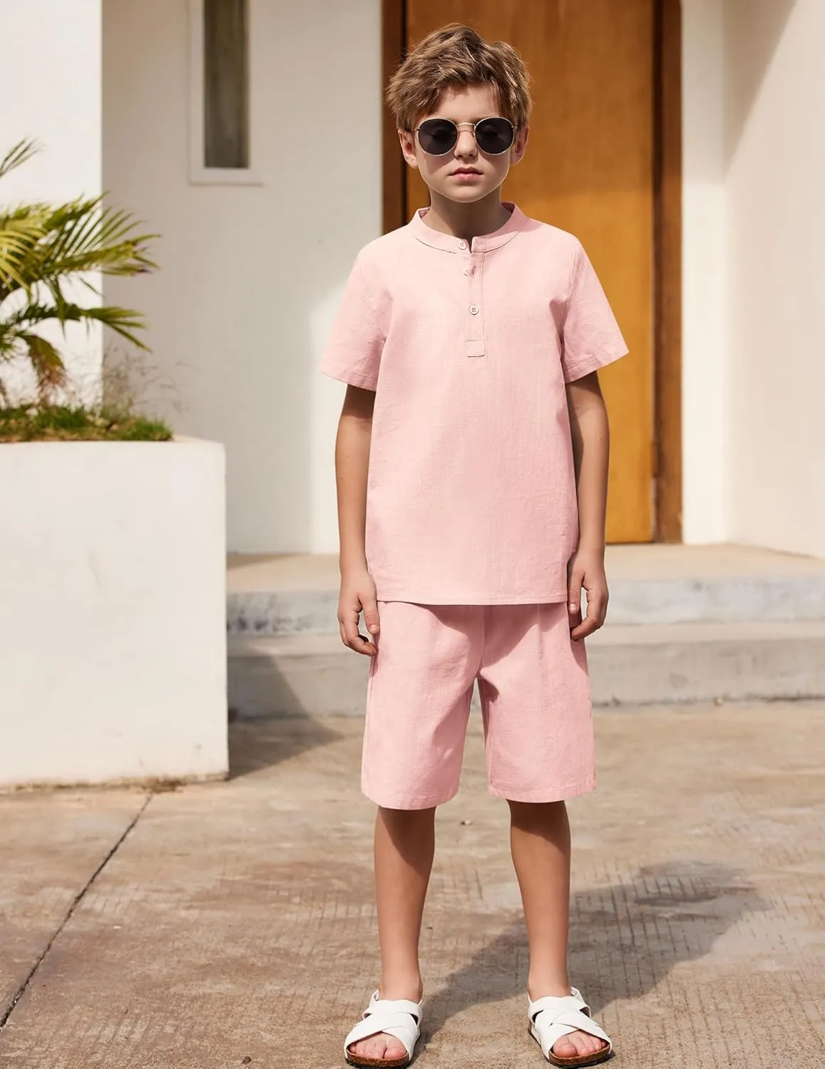 Arshiner Boy's 2 Pieces Cotton Linen Set Casual Henley Shirts Short Sleeve Beach Shorts Summer Outfits for 5-12 Years