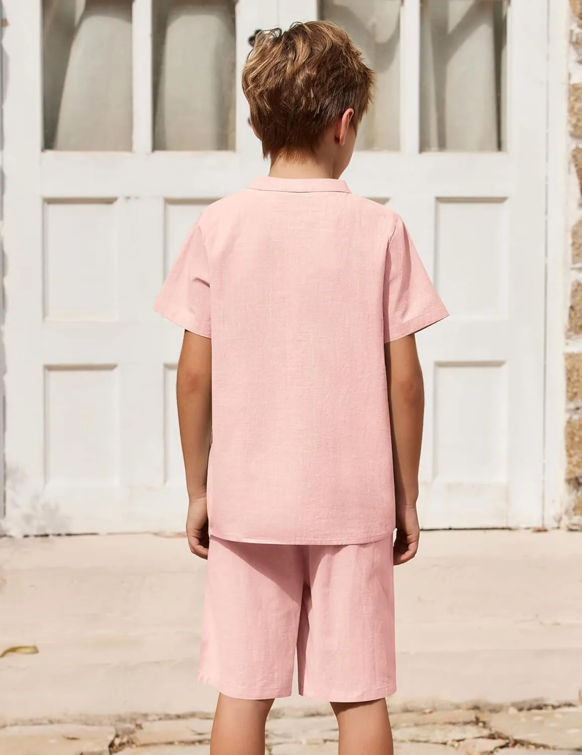Arshiner Boy's 2 Pieces Cotton Linen Set Casual Henley Shirts Short Sleeve Beach Shorts Summer Outfits for 5-12 Years