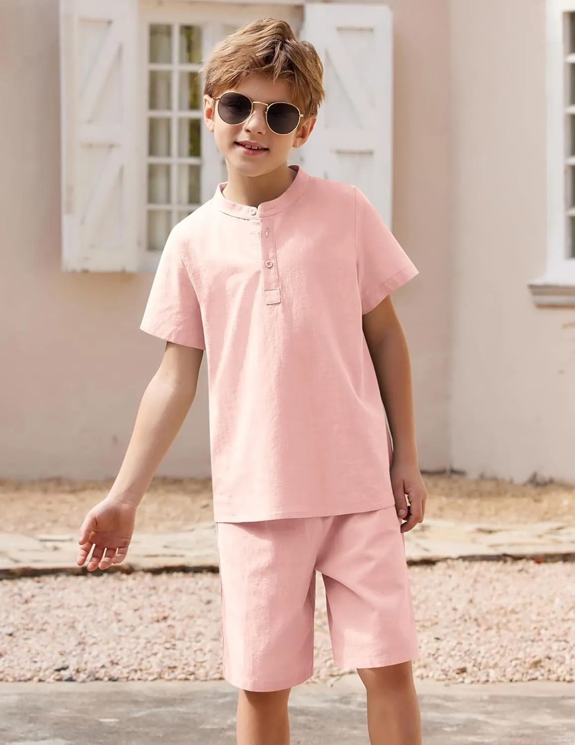 Arshiner Boy's 2 Pieces Cotton Linen Set Casual Henley Shirts Short Sleeve Beach Shorts Summer Outfits for 5-12 Years