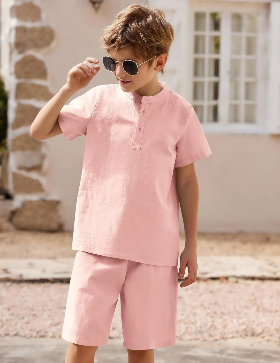 Arshiner Boy's 2 Pieces Cotton Linen Set Casual Henley Shirts Short Sleeve Beach Shorts Summer Outfits for 5-12 Years