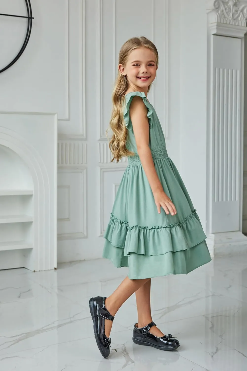 Arshiner Girls Dresses Flutter Sleeve A-Line Sundress Casual Summer Tiered Swing Midi Pocket Dress