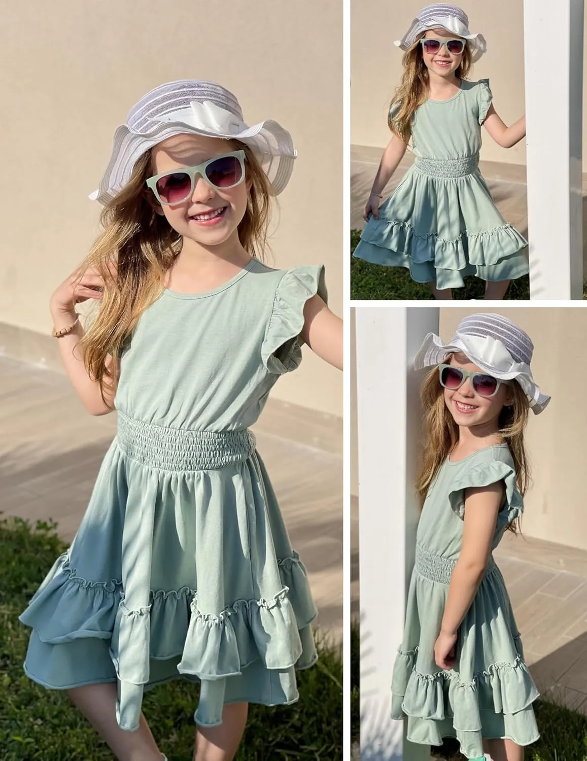 Arshiner Girls Dresses Flutter Sleeve A-Line Sundress Casual Summer Tiered Swing Midi Pocket Dress