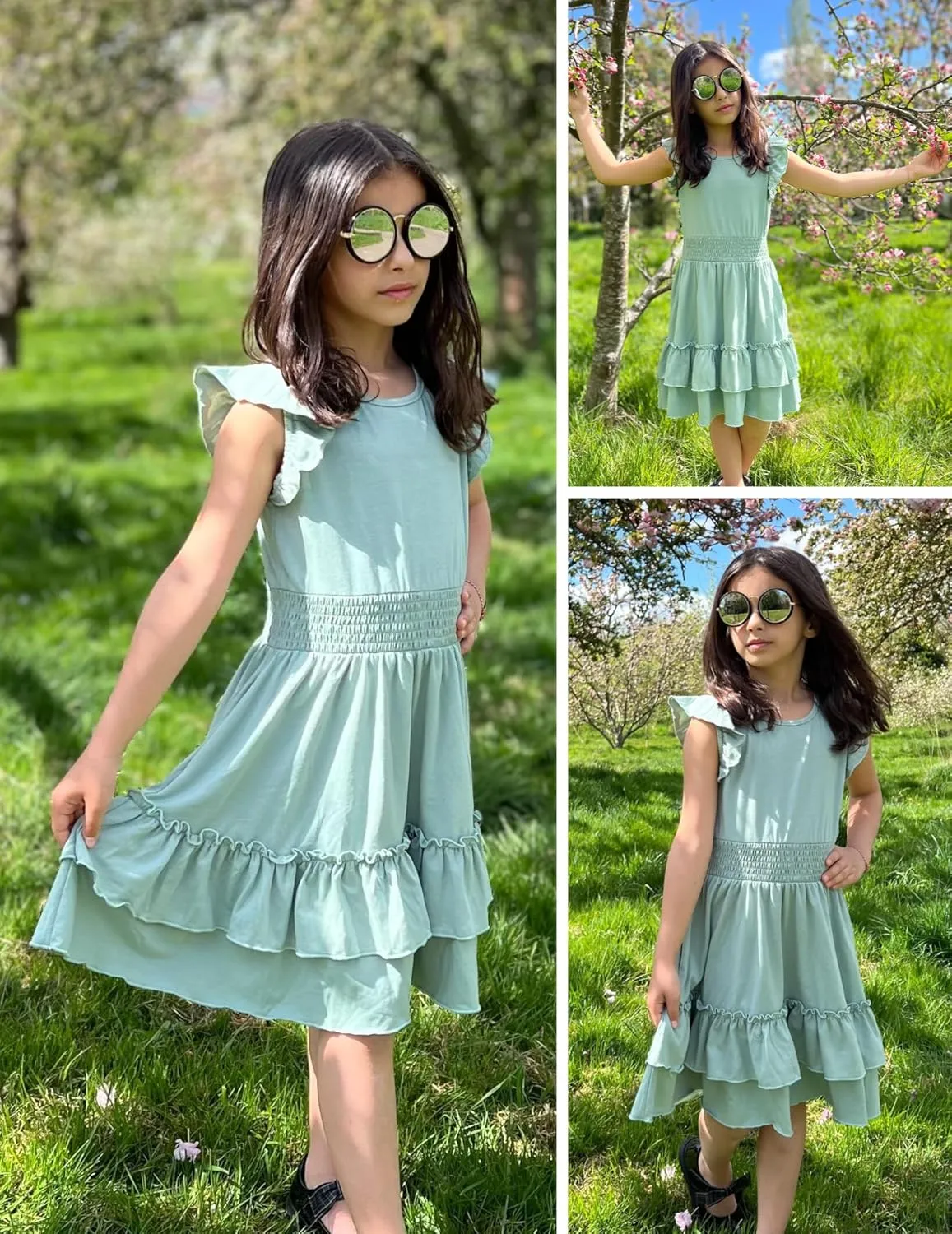 Arshiner Girls Dresses Flutter Sleeve A-Line Sundress Casual Summer Tiered Swing Midi Pocket Dress