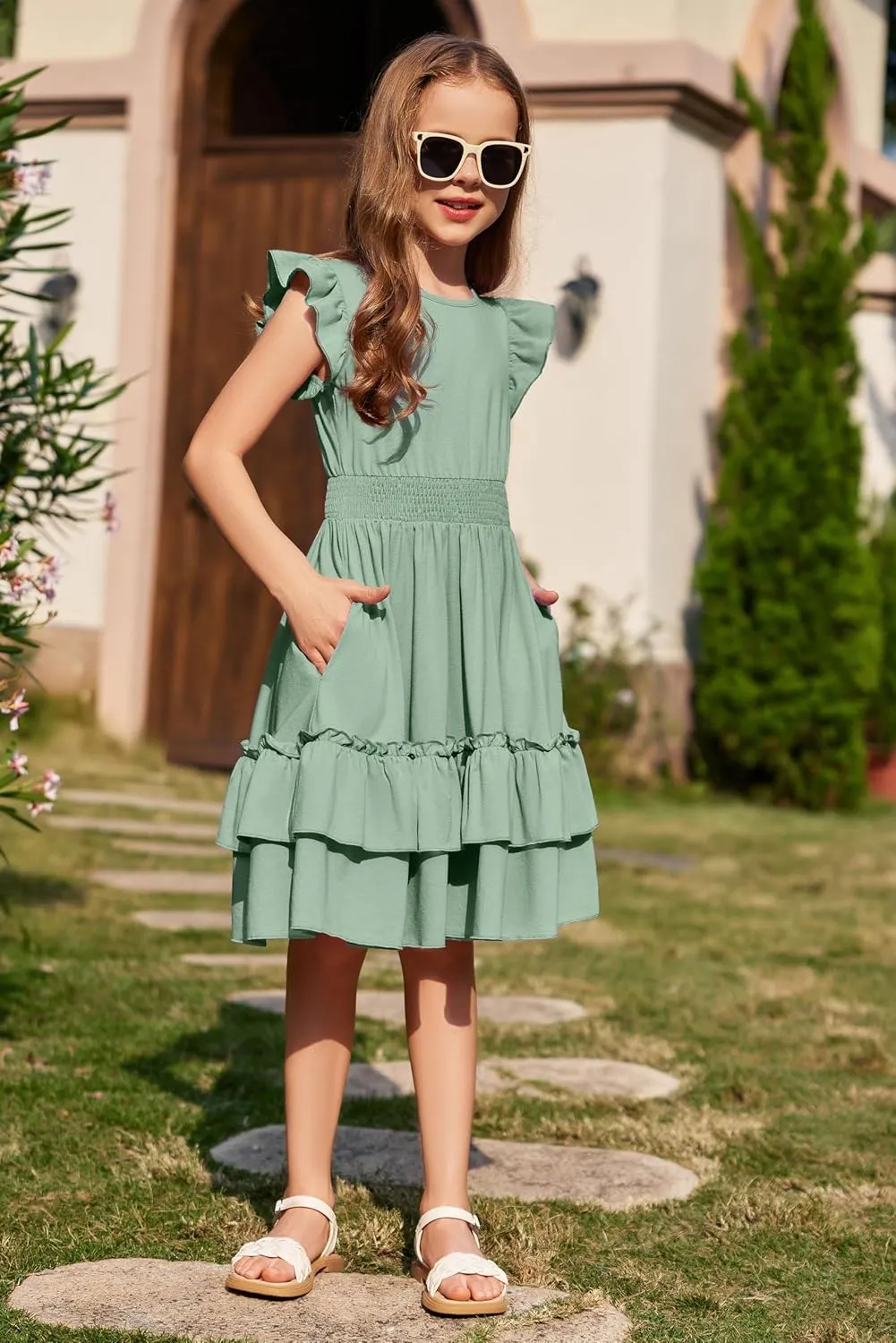 Arshiner Girls Dresses Flutter Sleeve A-Line Sundress Casual Summer Tiered Swing Midi Pocket Dress