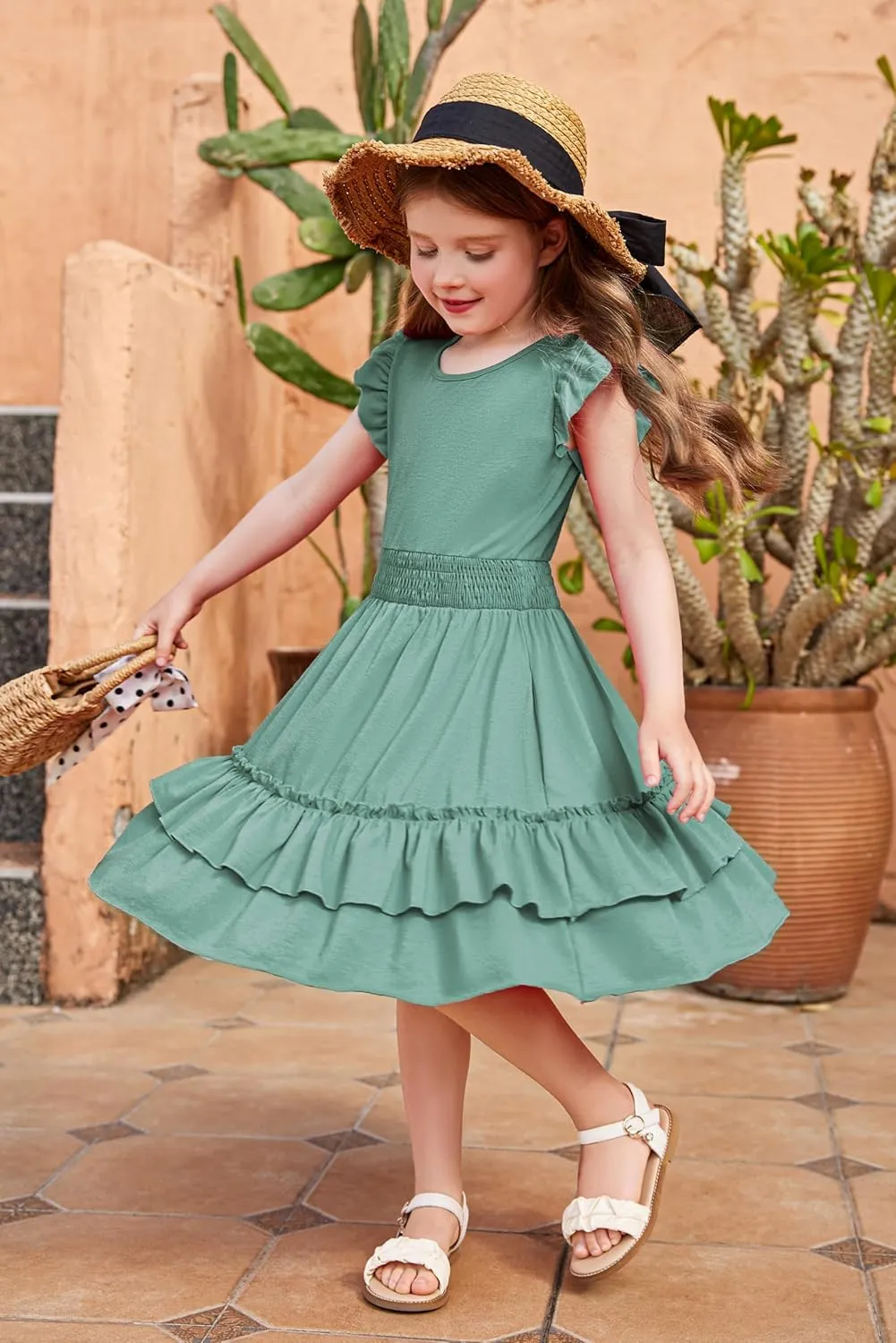 Arshiner Girls Dresses Flutter Sleeve A-Line Sundress Casual Summer Tiered Swing Midi Pocket Dress