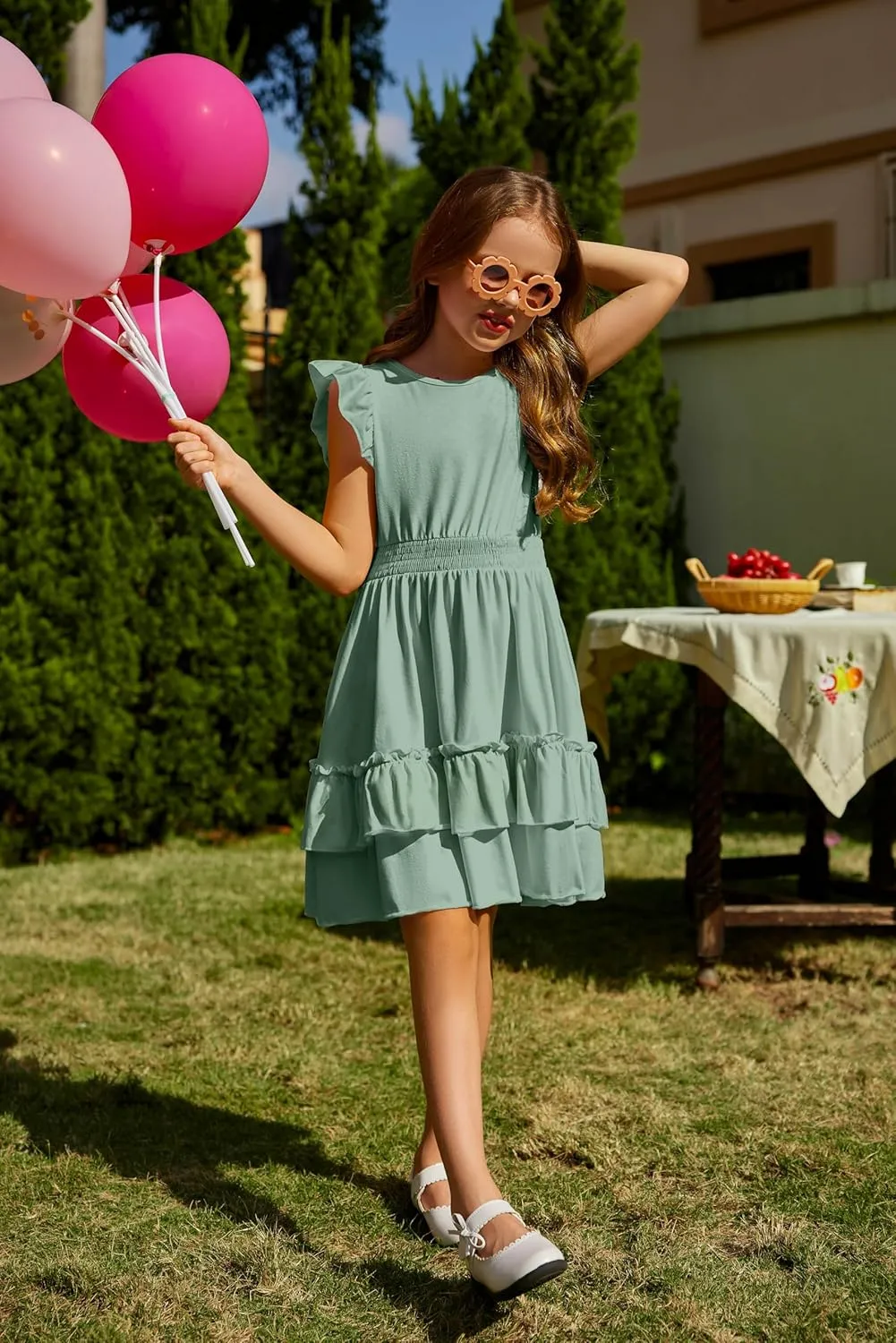 Arshiner Girls Dresses Flutter Sleeve A-Line Sundress Casual Summer Tiered Swing Midi Pocket Dress