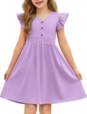 Arshiner Girls Dresses Ruffle Sleeve A-Line V-Neck Sundress Summer Swing Midi Dress with Pockets