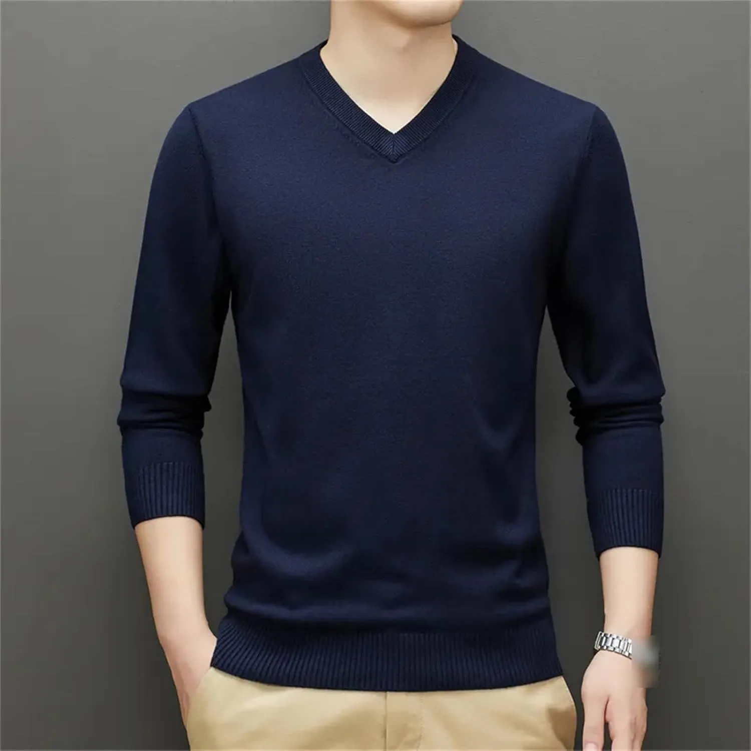 Autumn Winter Men's V-Neck Thick Sweaters Man Business Solid Color Warm Knit Pullover Male Solid Color Jumpers