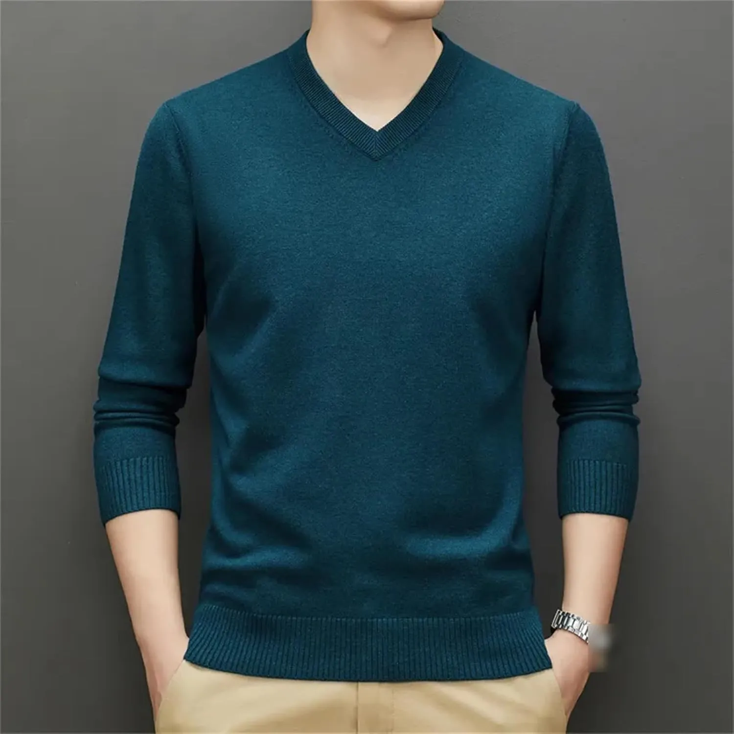 Autumn Winter Men's V-Neck Thick Sweaters Man Business Solid Color Warm Knit Pullover Male Solid Color Jumpers