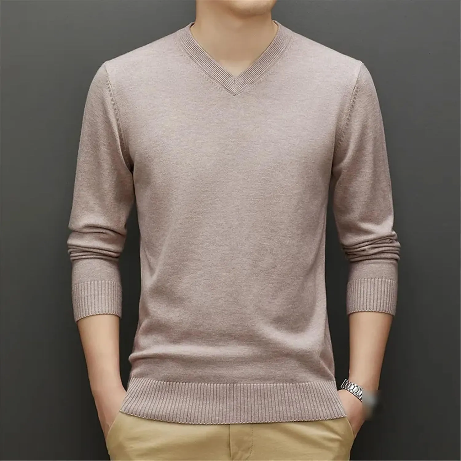 Autumn Winter Men's V-Neck Thick Sweaters Man Business Solid Color Warm Knit Pullover Male Solid Color Jumpers