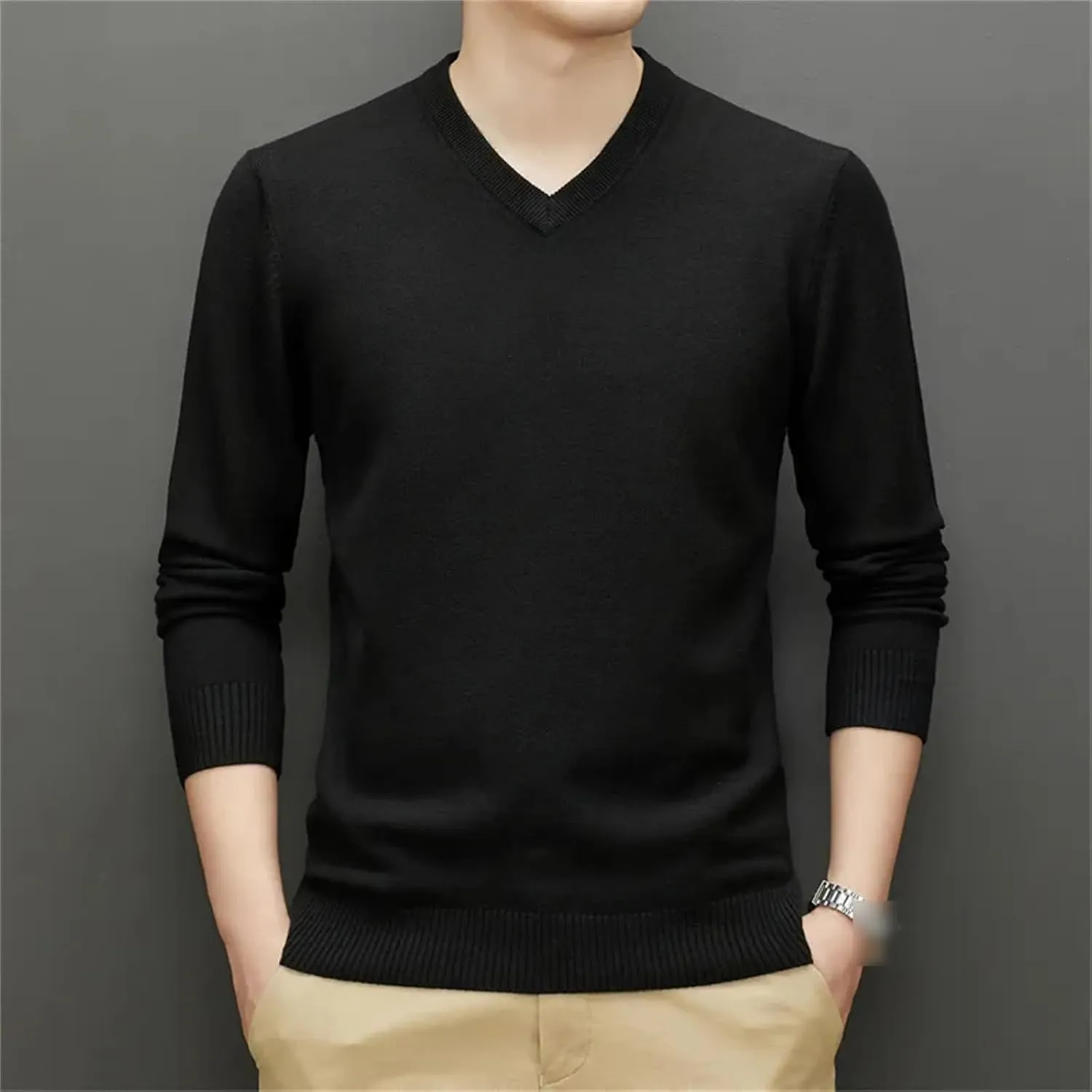 Autumn Winter Men's V-Neck Thick Sweaters Man Business Solid Color Warm Knit Pullover Male Solid Color Jumpers