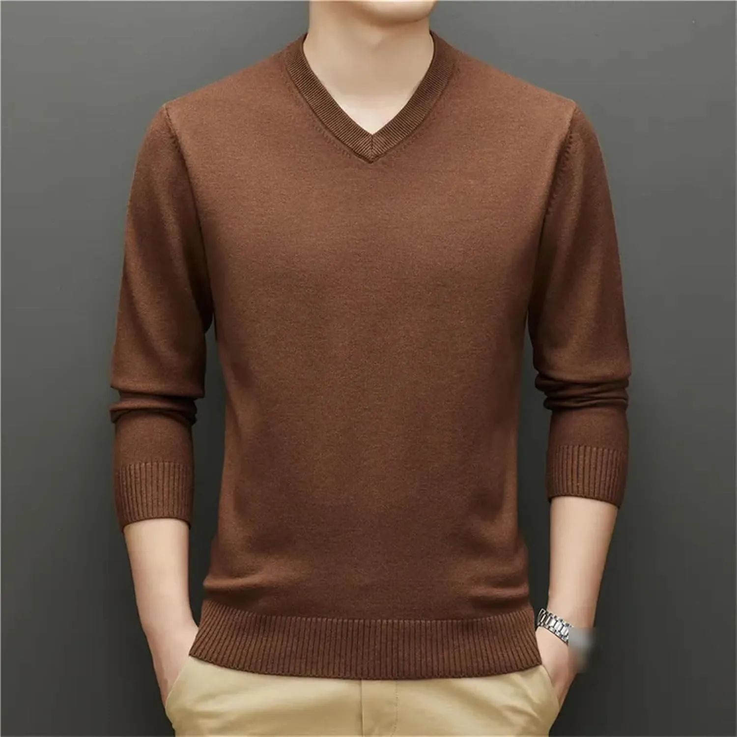 Autumn Winter Men's V-Neck Thick Sweaters Man Business Solid Color Warm Knit Pullover Male Solid Color Jumpers