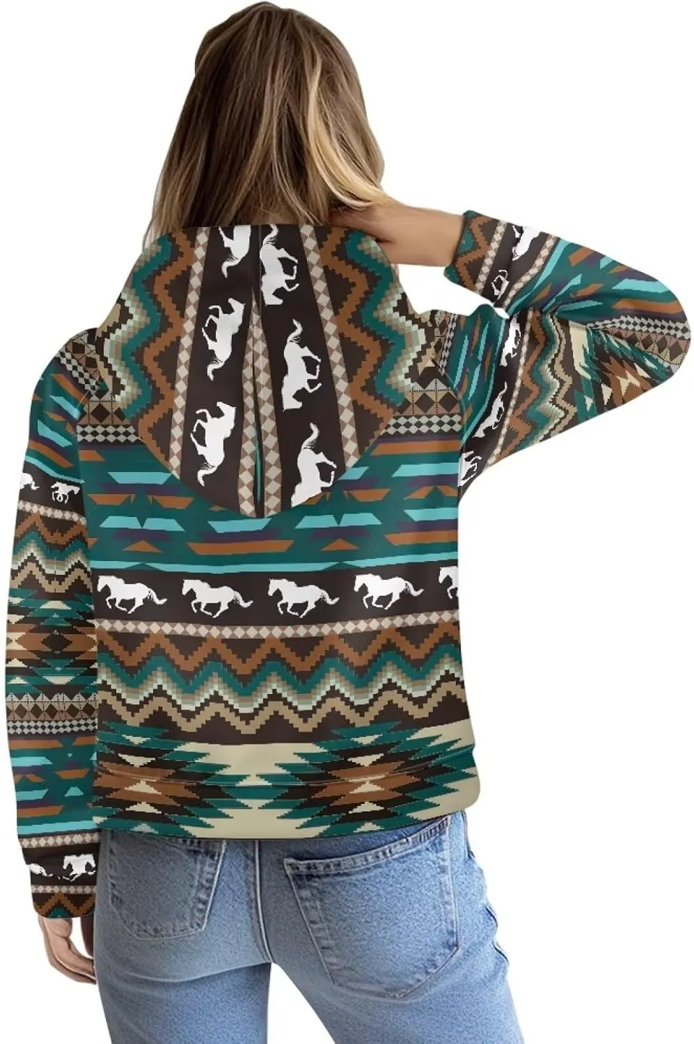 Aztec Cowboy Hoodie Vintage Graphic Western Hoodies for Women Casual Long Sleeve Half Zip Pullover with Pocket