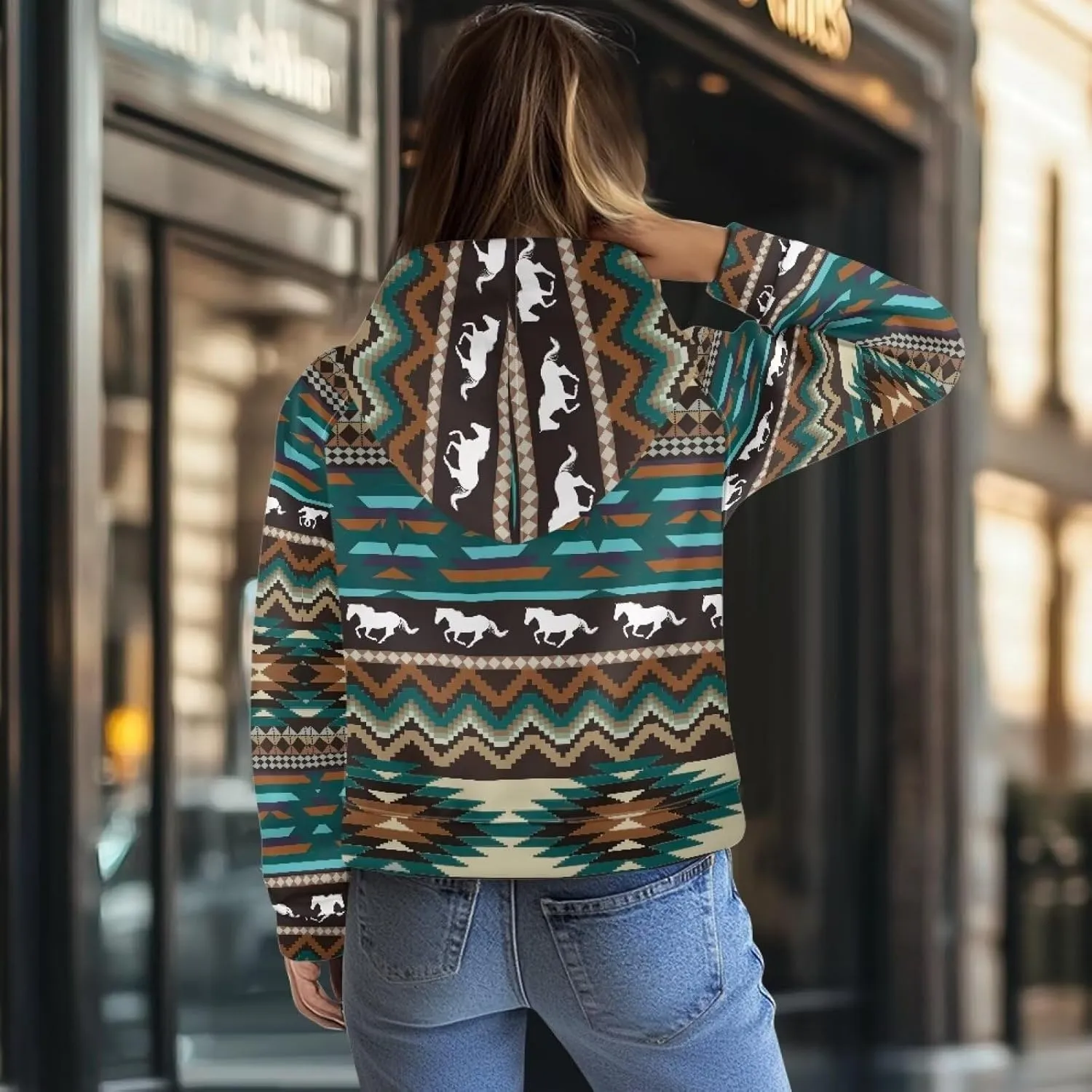 Aztec Cowboy Hoodie Vintage Graphic Western Hoodies for Women Casual Long Sleeve Half Zip Pullover with Pocket