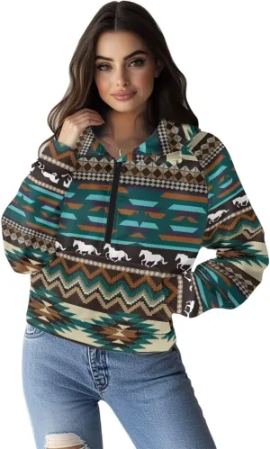 Aztec Cowboy Hoodie Vintage Graphic Western Hoodies for Women Casual Long Sleeve Half Zip Pullover with Pocket