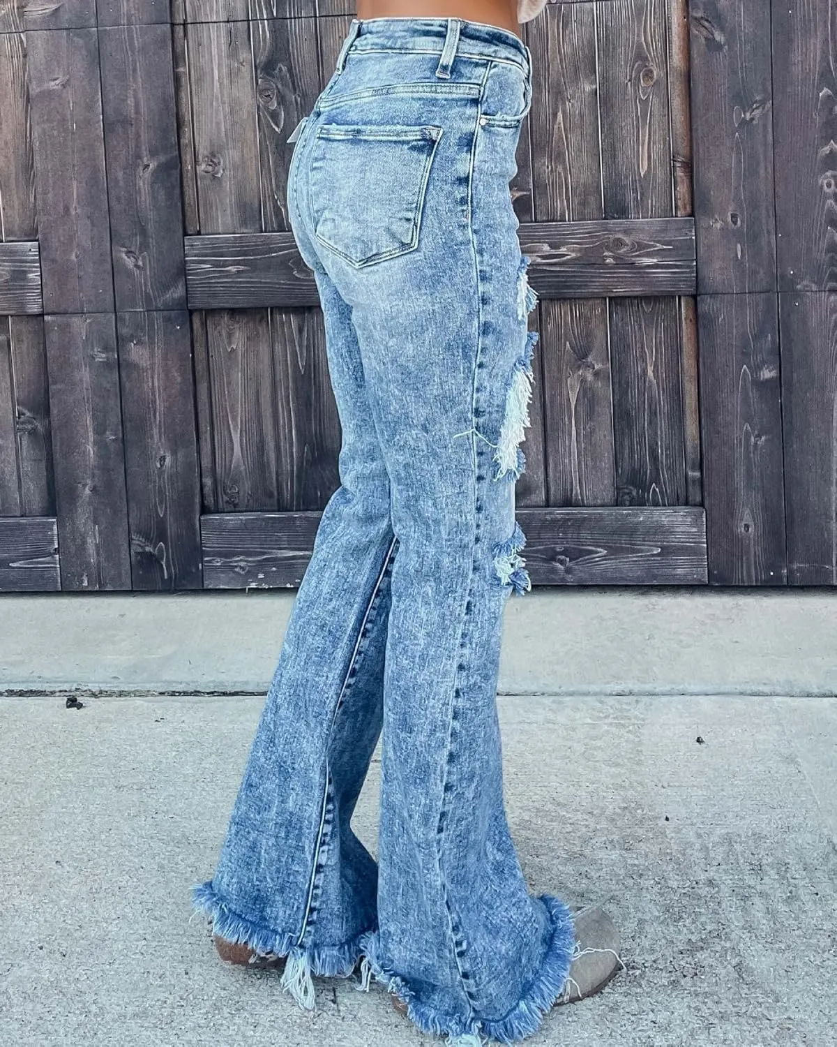 Azuki Flare Pants Ripped Bell Bottom Jeans for Women High Waisted Classic Flared Denim Pants with Pockets