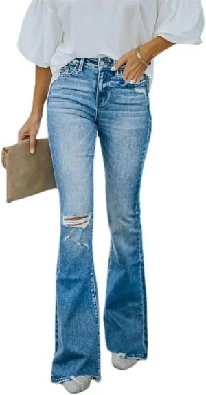 Azuki Flare Pants Ripped Bell Bottom Jeans for Women High Waisted Classic Flared Denim Pants with Pockets