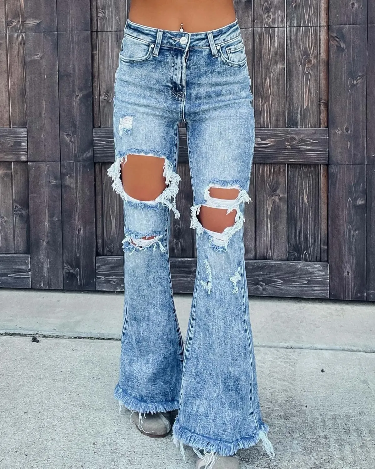 Azuki Flare Pants Ripped Bell Bottom Jeans for Women High Waisted Classic Flared Denim Pants with Pockets