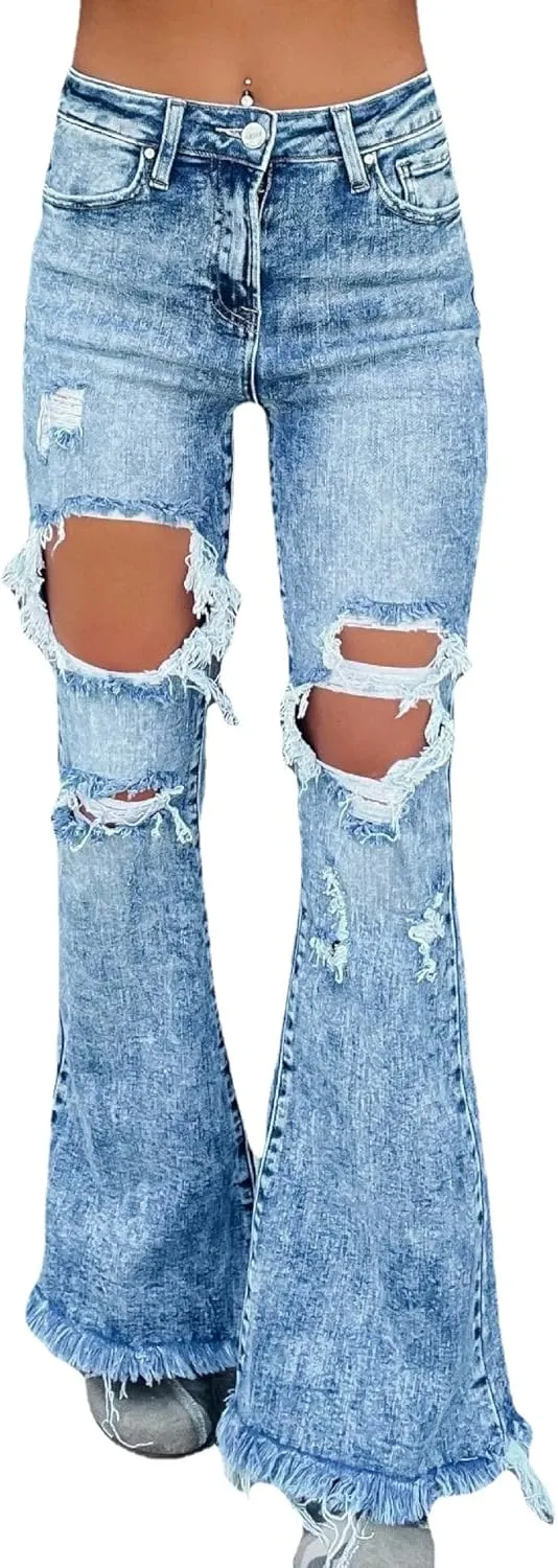 Azuki Flare Pants Ripped Bell Bottom Jeans for Women High Waisted Classic Flared Denim Pants with Pockets
