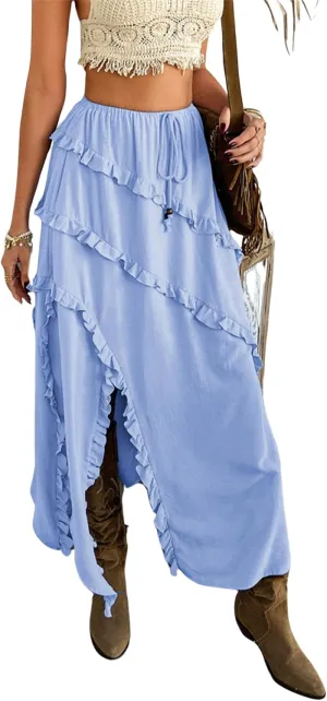 BAIMORE Women's Vacation Drawstring Elastic Waist Ruffles Tiered Slit Hem Maxi Flowy Skirt
