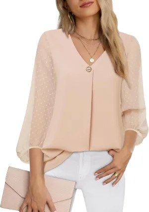 Bebonnie Womens Lantern 3/4 Sleeve Causal Loose V Neck Chiffon Blouses Tops