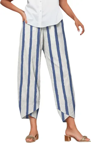 Bengbobar Linen Capris for Women Wide Leg Sweatpants Casual Petite Stripe Pants Baggy Palazzo Cropped Summer Beach Trousers