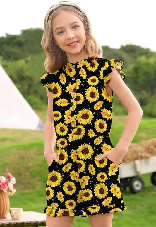 BesserBay Girl's Summer Ruffled Flutter-Sleeve Jumpsuit Button Down Crewneck Romper 5-14 Years