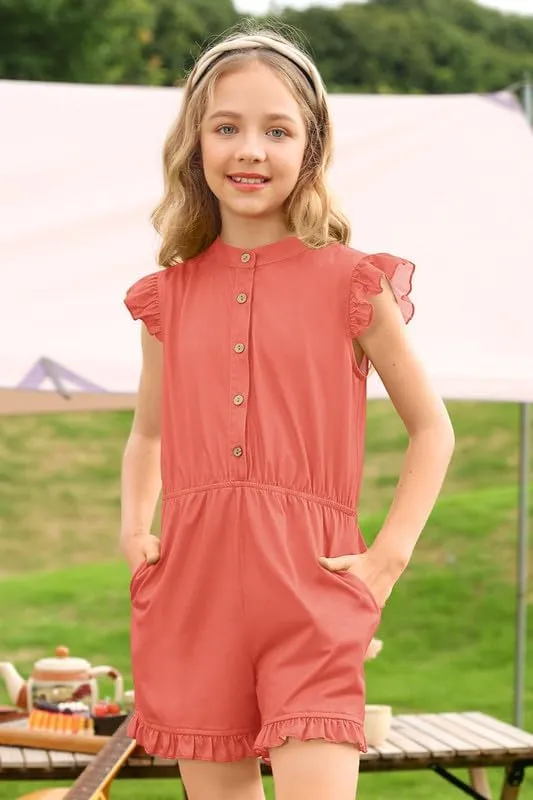 BesserBay Girl's Summer Ruffled Flutter-Sleeve Jumpsuit Button Down Crewneck Romper 5-14 Years