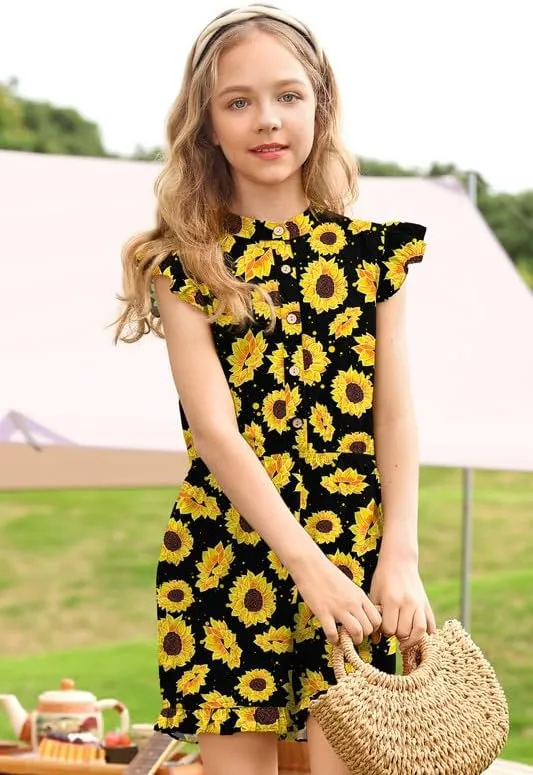 BesserBay Girl's Summer Ruffled Flutter-Sleeve Jumpsuit Button Down Crewneck Romper 5-14 Years