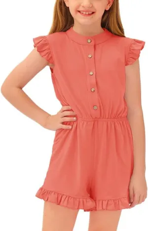 BesserBay Girl's Summer Ruffled Flutter-Sleeve Jumpsuit Button Down Crewneck Romper 5-14 Years