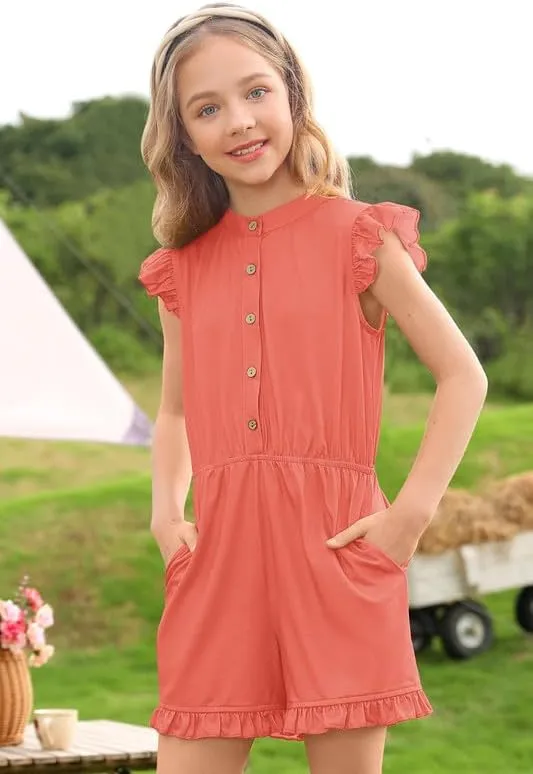BesserBay Girl's Summer Ruffled Flutter-Sleeve Jumpsuit Button Down Crewneck Romper 5-14 Years