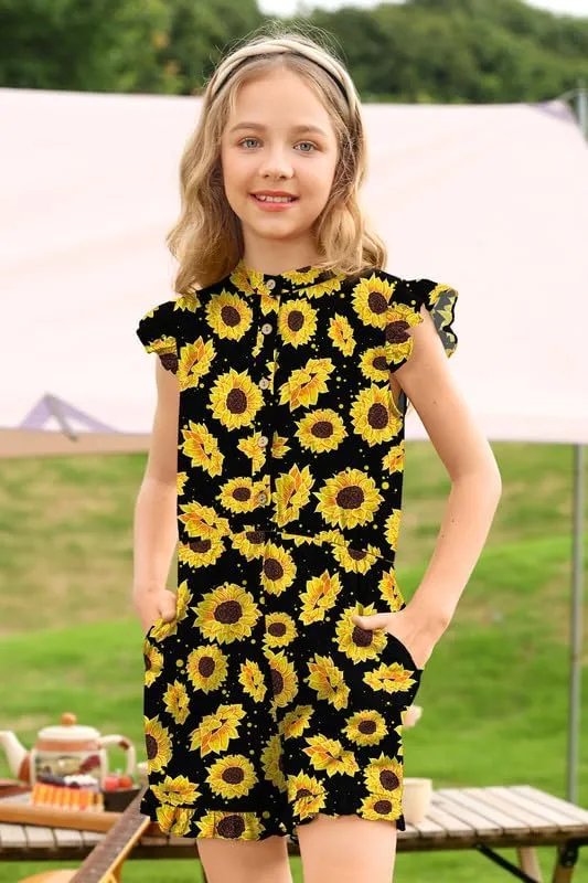 BesserBay Girl's Summer Ruffled Flutter-Sleeve Jumpsuit Button Down Crewneck Romper 5-14 Years