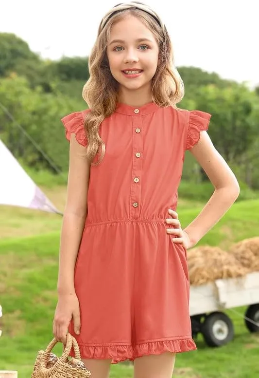 BesserBay Girl's Summer Ruffled Flutter-Sleeve Jumpsuit Button Down Crewneck Romper 5-14 Years