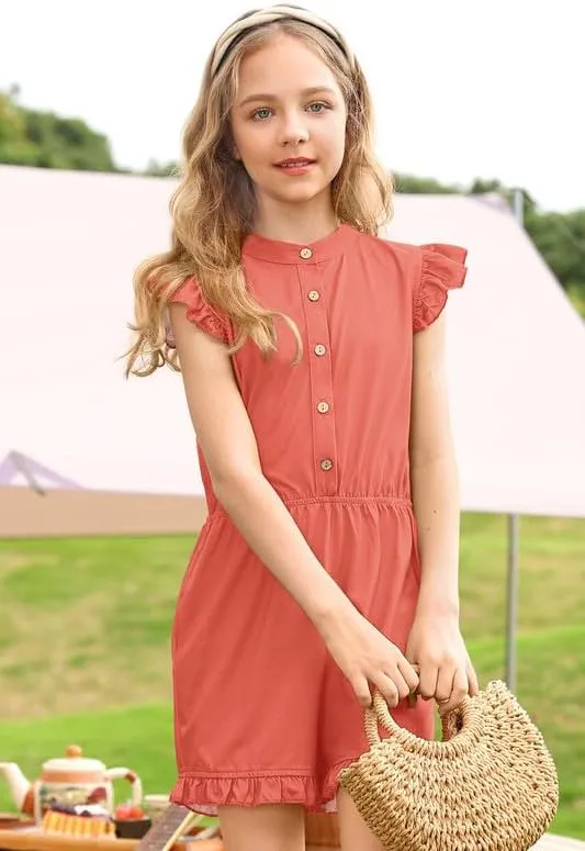 BesserBay Girl's Summer Ruffled Flutter-Sleeve Jumpsuit Button Down Crewneck Romper 5-14 Years