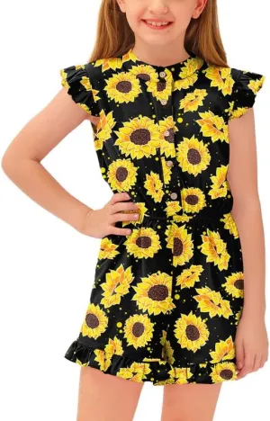BesserBay Girl's Summer Ruffled Flutter-Sleeve Jumpsuit Button Down Crewneck Romper 5-14 Years